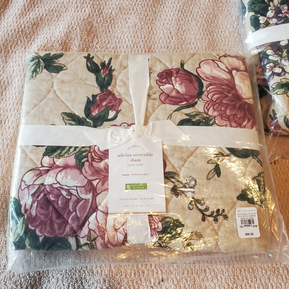 Potterybarn Adelise Reversible Euro Sham Set of 2 Floral Rose Cotton Linen NEW - Picture 6 of 7